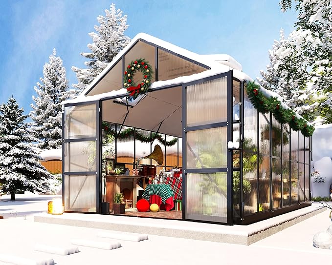 AMERLIFE 10'×14'×8.4' Outdoor Polycarbonate Greenhouse, Heavy-Duty Aluminum Frame Garden Greenhouse with 4 Roof Vents, Rain Gutters & Lockable Door, Fit for Backyard Garden, Black