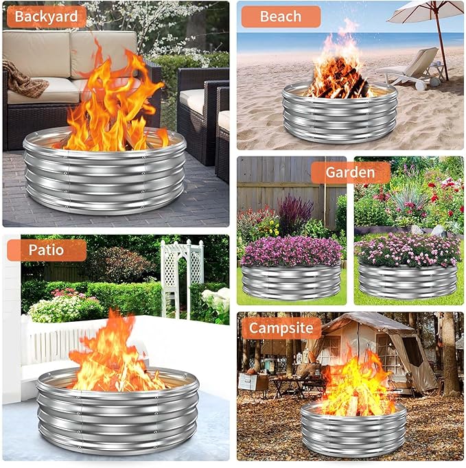 36 Inch Fire Pit Ring for Outside, Heavy Duty High Heat Resistant Outdoor Wood Burning Firepit & Fireplace, 12" Tall,Portable Galvanized Steel Fire Pits Bowl for Backyard Bonfire,Patio,Camping,Round