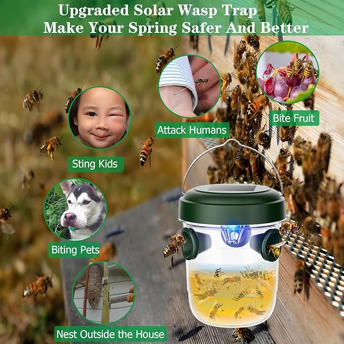 Wasp Traps Outdoor Hanging 4 Packs, Solar Powered Carpenter Bee Trap Yellow Jacket Hornet Catcher with LED Light, Reusable Wasp Deterrent Outdoor for Garden, Patio, Backyard, Camping