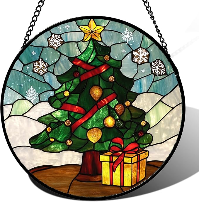 DASTOLL Stained Glass Window Hanging Green Christmas Tree Snowflake 6.3" - Suncatcher Door Garden Sun Catcher Xmas Holiday Decor Birthday for Mom Men Woman Friend Nana