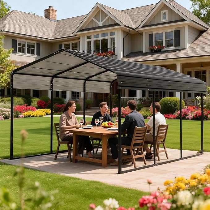Big RED 12x20 Heavy Duty Metal Carport Canopy, Multi-Use Canopy Garage Shed, Portable Car Garage with Enhanced Metal Frame, Shelter for Car Car, Boats and Tractors