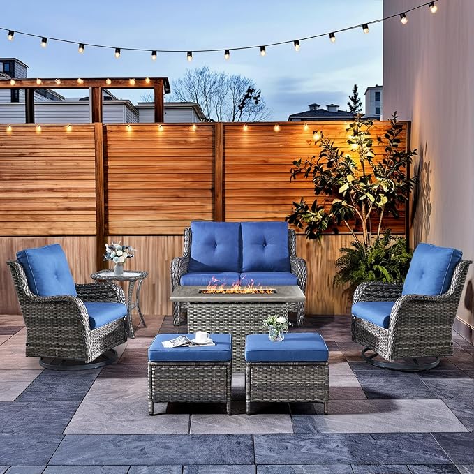 HUMMUH 6-Piece Patio Furniture Set with Fire Pit Table Wicker Outdoor Swivel Rocker Patio Chairs High Back Loveseat Conversation Set for Porch, Backyard, Deck