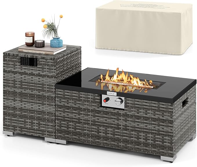 Tangkula 2 Piece Propane Fire Pit Table Set with Tank Cover, Outdoor Rattan Gas Firepit with Lid, Tempered Glass Tabletop, Protective Cover, 40,000 BTU Rectangle Fire Table Set for Outside (Mix Gray)