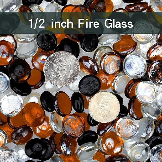 onlyfire 10 Pounds Fire Glass Beads for Propane Fire Pit and Gas Fireplace, 1/2 Inch Round Firepit Glass Rocks Flat Marbles for Fire Pit Table, Onyx Black, Crystal Ice and Caramel Luster