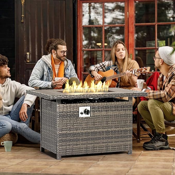 Aoxun 40" Propane Fire Pit 50,000 BTU Outdoor Wicker Fire Table with Wood-grainTabletop Patio Rectangular 2-in-1 Gas Fire Pit Table with Firepit Lid and Waterproof Cover（Gray）