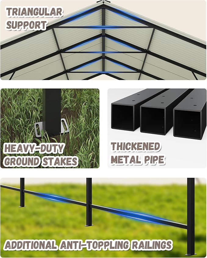 Greesum 10x15FT Metal Carport with Heavy Duty Frame and Galvanized Steel Roof, Vertical Carports with Side Support Rods, Canopy Shelter for Car, Pickup Trucks, Boats and Tractors, Party, Gray