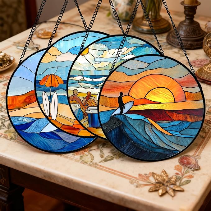 AMDERVEN Stained Glass Window Hanging 4 Pcs Set Blue Ocean Surfing Beach 7.8" - Suncatcher Door Garden Sun Catcher Decor Birthday Mother's Day for Firefighte Men Woman Nana Mom