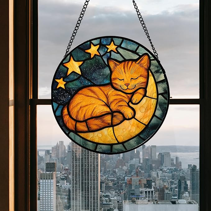 AMDERVEN Stained Glass Window Hanging - Orange Cat Sun Catcher for Door Home Decor Stars and Moon Suncatcher Christmas Mother's Day Birthday Loss of a Pet Gifts for Women Men Mom Nana 15 in