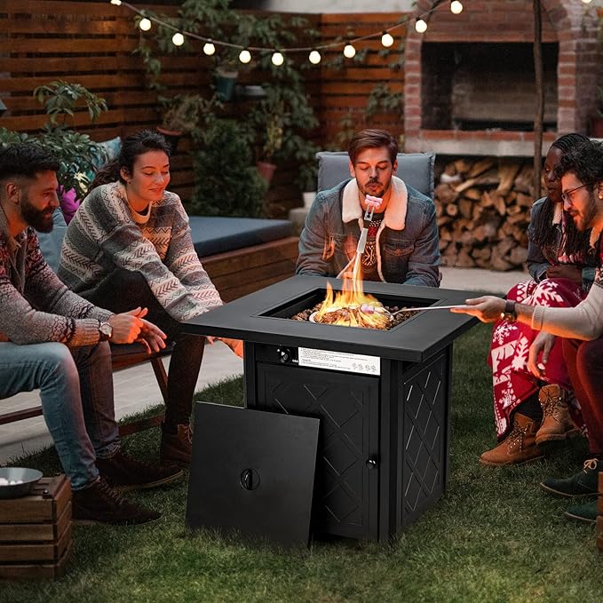 Tangkula 28 Inches Outdoor Propane Fire Pit Table, Patiojoy 50,000 BTU Patio Gas Fire Pit Table, 2-in-1 Square Auto-Ignition Fire Table with Lid and Lava Rocks for Backyard, Party