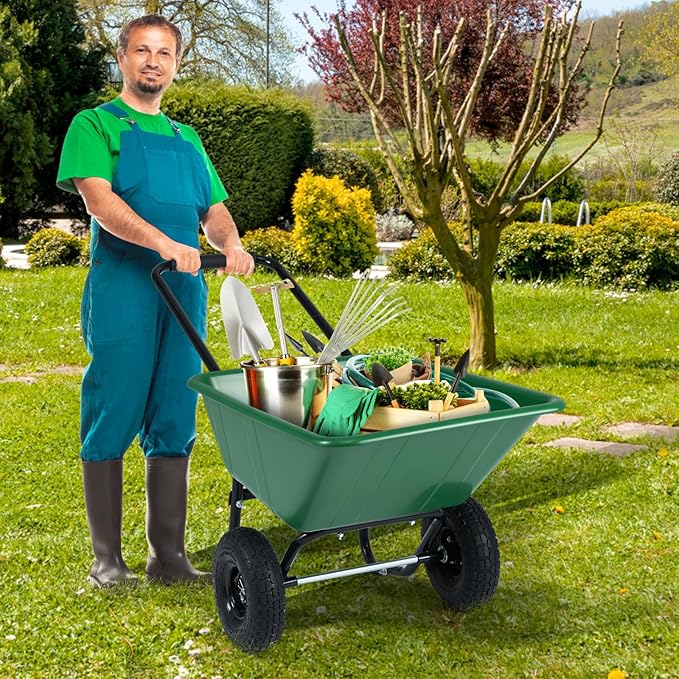 Goplus 2 Wheel Wheelbarrow, 330 LBS Utility Garden Cart with 10” Pneumatic Tires & Handle, 21 Gal Volume, Yard Dump Cart Wheel Barrow, Heavy Duty Wheel Barrow for Lawn