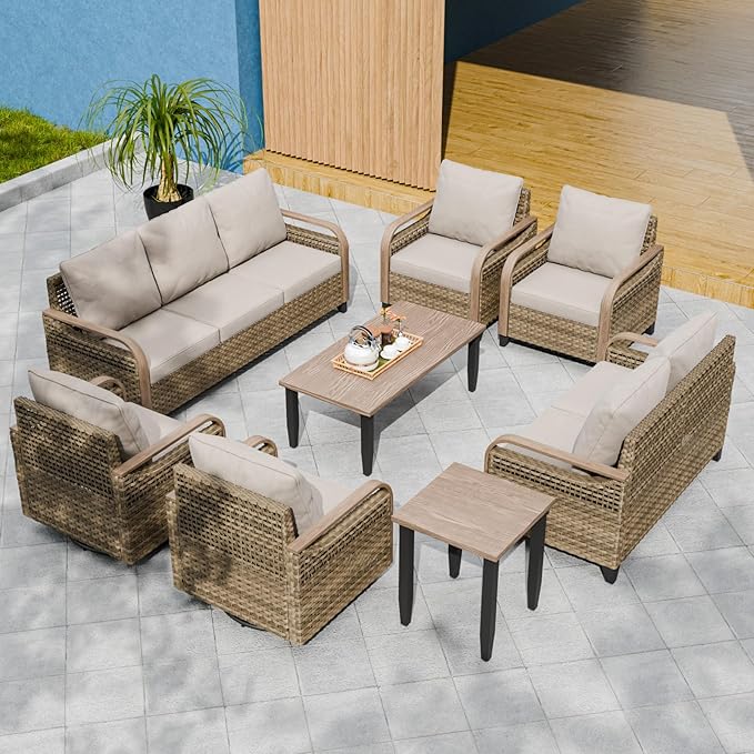 EAGLE PEAK Modern Wicker Outdoor Patio Furniture Set, Patio Conversation Set, 2 Chairs, 2 Swivel Rocker Chairs, 3-Seat Sofa, Loveseat, Coffee Table and Side Table, 8 Pieces, Brown/Gray