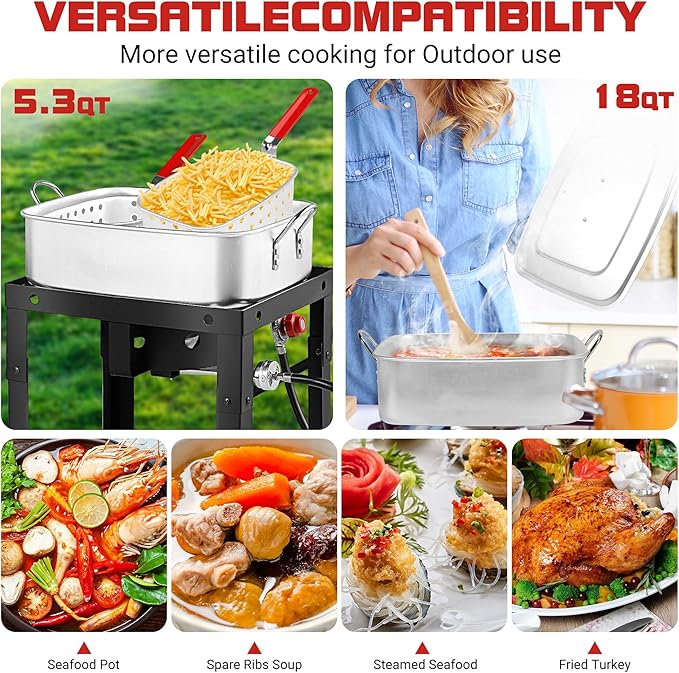 Propane Deep Fryer with 18Qt Square Deep Fryer Pot – High Grade Strainer Basket Aluminum Pot for Fish Fry, Seafood Pot – Propane Burners for Outdoor Cooking Include Lid -OT1808-2-LID