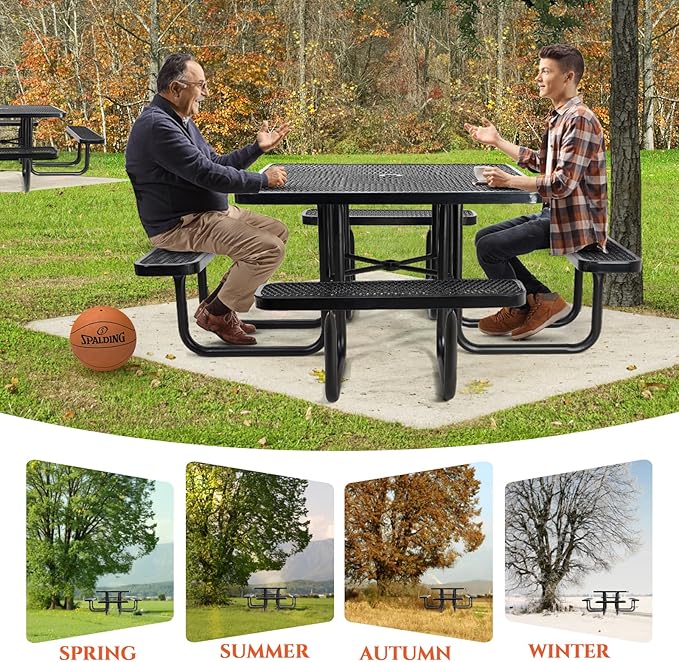 46" Square Top Outdoor Picnic Table Set for Up to 8 Persons, Outside Table Set with 4 Built-in Benches, Metal Commercial-Grade Dining Furniture with Umbrella Hole for Garden, Backyard, Porch, Patio