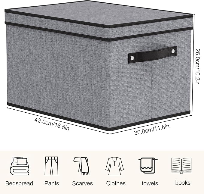 Storage Bin with Lid, Storage Box for Shoes Towels Books, Fabric Closet Organizer with Handles, Gray, 16.5 x 11.8 x 10.2 Inch, 1-Pack