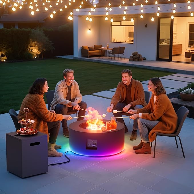 Dineli 2-Piece Outdoor Propane Fire Pit Table Set w Tank Table 30'' Round Fire Pit Table 2-in-1 Firepit Table for Outside Patio Gas Fire Pit w LED, 50,000 BTU, Dark Gray with RGB Light