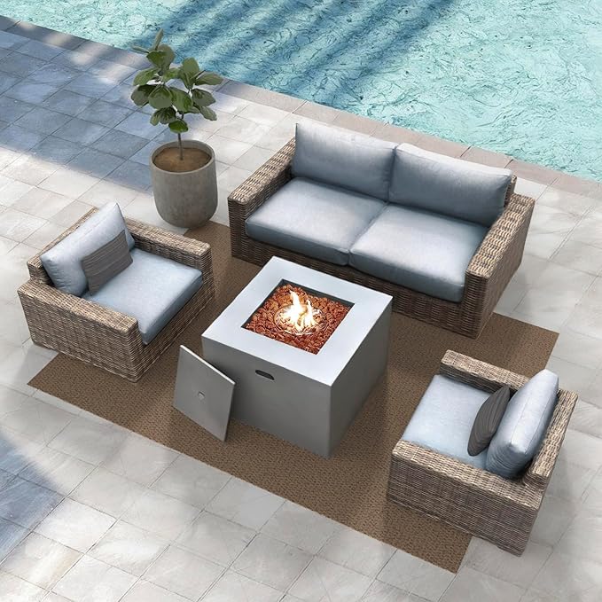 Mazatzal 4 Piece Outdoor Patio Furniture Set with 32 Inch Square Propane Fire Pit, Wicker Rattan Outdoor Loveseat and Stationary Chairs, Aluminum Frame, Includes Fire Glass & Wind Guard