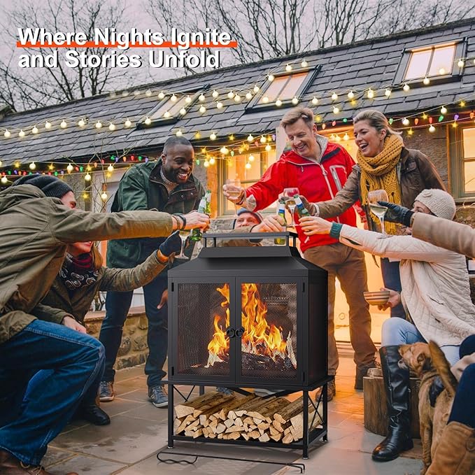 Fire Pits for Outside Wood Burning - 39" H Square Metal Outdoor Chiminea Fireplace with Grill, Mesh Spark Screen & Fire Poker, Ideal for Garden, Backyard, Patio, Party, Camping, Picnic, BBQ, Bonfire