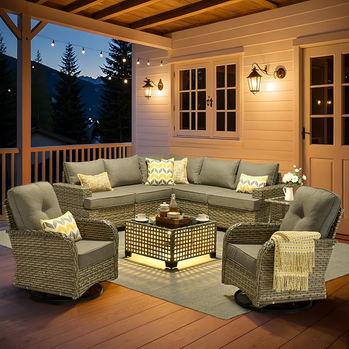 HOOOWOOO Outdoor Sectional Patio Furniture Set,9 Pieces Wicker Conversation Sets L Shaped Couch,Extra Deep Out Door Sofa Outside Furniture with Swivel Rocking Chairs,Charcoal Gray