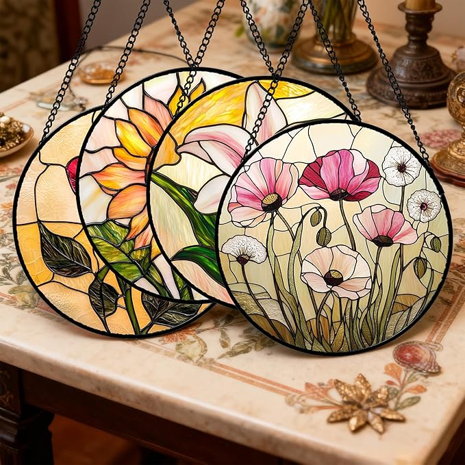 AMDERVEN Stained Glass Window Hanging 4 Pcs Set Lily Rose Sunflower Poppy Large 15" - Flower Suncatcher Door Garden Sun Catcher Decor Birthday Mother's Day for Wife Woman Nana Girl