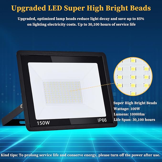 2 Pack 150W LED Flood Lights Outdoor, IP66 Waterproof 15000 LM Super Bright Outdoor Security Lights, Wired LED Work Light with Plug, 6000K Daylight White Floodlights for Garage,Yard,Garden,Patio