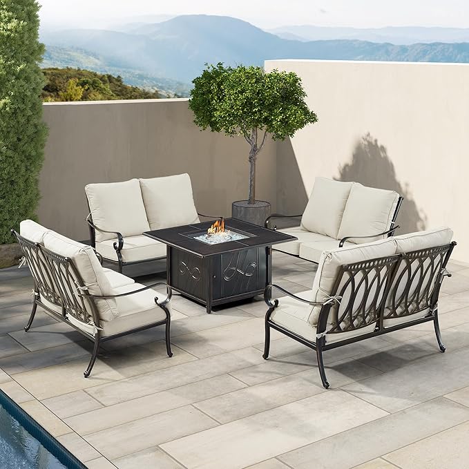 Oakland Living Black Aluminum Patio Fire Table Set with Four Deep Seating Loveseat, Cushions and Wind Blocker