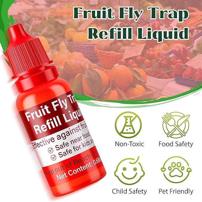 Fruit Fly Trap Refill Liquid, 12 Pack Wasp Bees Traps Refill Liquids, Effective Mosquito Gnat Fly Killer Bait Refill for Indoor Outdoor Tabletop Kitchen Plants, Safe Near Pets and Food