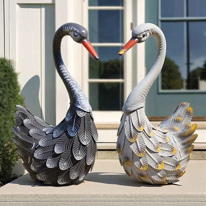 Ultym 19.3" Metal Swan Yard Decor - Handmade Oversize Swan Garden Statue Sculptures with Stable Ground Stakes, Backyard Decoration, Metal Garden Art