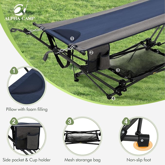 ALPHA CAMP Portable Hammock with Stand Included, Free Standing Hammock for Outside Heavy Duty, Outdoor Self Standing Hammock Foldable with Storange Net for Backyard Camping Beach 330lbs Capacity