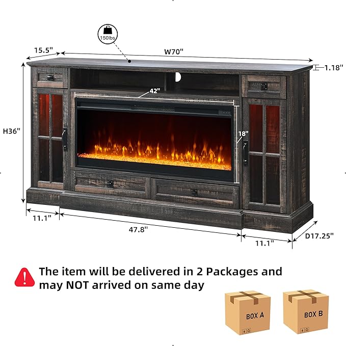 OKD Fireplace TV Stand for 80 Inch TV, Farmhouse Entertainment Center with 42" Fireplace & LED Lights, Modern Media Console Table with Storage Drawers & Cabinets for Living Room, Dark Rustic Oak
