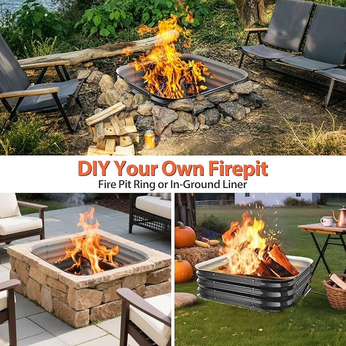 Fire Pit Ring,36in Heavy Duty Square Firepit for Outside,11'' Tall Galvanized Steel Wood Burning Bonfire Pits,Portable Outdoor Fireplaces for Backyard,Camping,Patio,Beach
