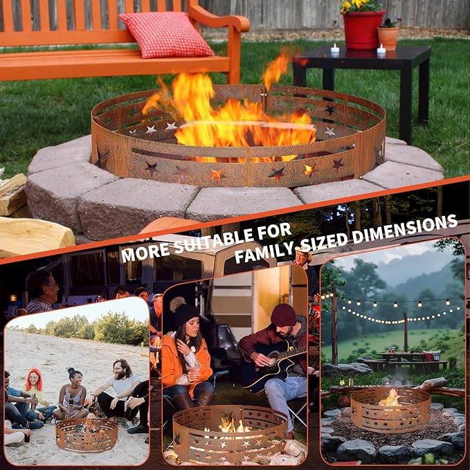 Fire Pit Ring 33in Steel Fire Ring Heavy Duty Carbon Steel Liner, Outdoor Cooking Camping Steel Fire Ring Combo Insert DIY Campfire Liner