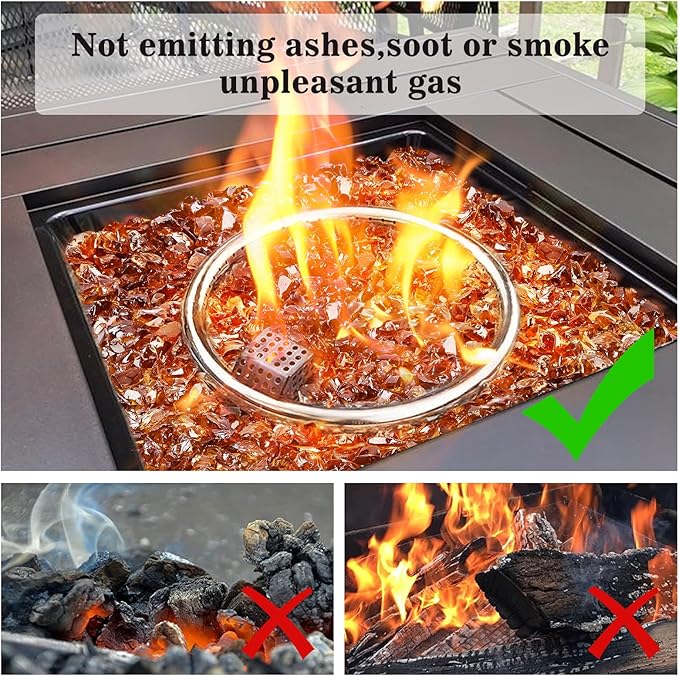GRISUN Amber Fire Glass for Fire Pit - 1/2 Inch Tempered Glass Rocks for Natural or Propane Fireplace, Safe for Outdoors and Indoors Firepit Glass, 10 Pounds