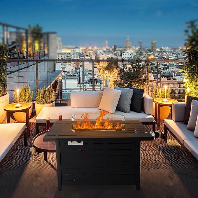 Fire Pit Table, 43" Outdoor Fire Pit Table, 50,000 BTU Gas Fire Table with Lid, Glass Wind Guard for Outside Garden Backyard Deck Patio