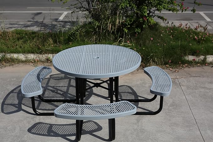 Sunnibety 8-Person Picnic Tables for Outdoors, Industrial 46" Expanded Metal Round Picnic Table with 4 Benches & Umbrella Hole, Outside Table and Bench Set for Park, Garden, Backyard, Patio, Grey