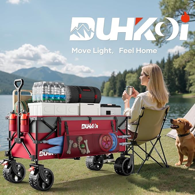 49" L Collapsible Extended Wagon with 500lbs Weight Capacity,300L Heavy Duty Sports Wagon,Big All-Terrian Wheels with Cup Holders,Cart for Sports,Grocery,Shopping,(Rosepink)