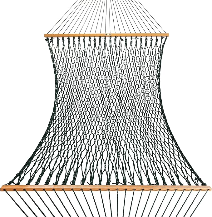 Original Pawleys Island Deluxe Green DuraCord Rope Hammock – 13 ft. x 60 in., 2-Person, 450 lb Capacity, Oak Spreader Bar, Zinc-Plated Hardware, Handcrafted in The USA