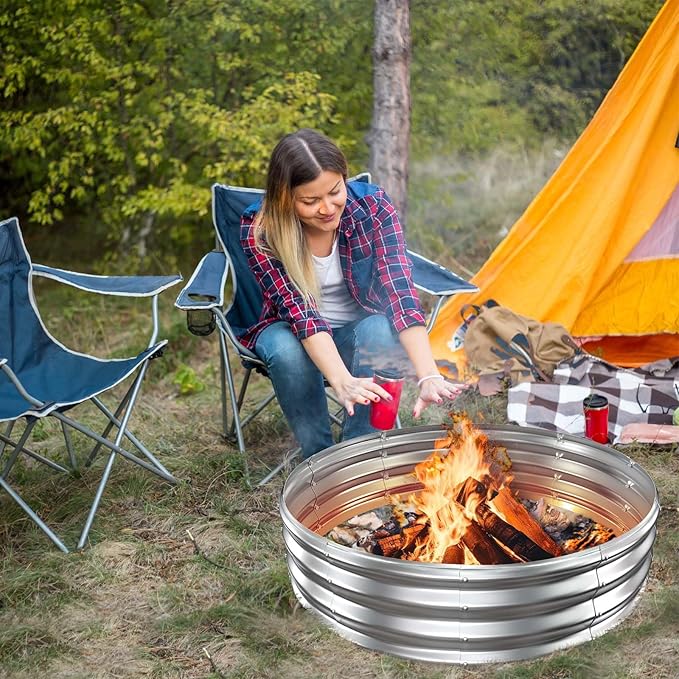 48 Inch Large Outdoor Fire Pit Ring,Heavy Duty High Heat Resistant Wood Burning Firepit for Outside,12" Tall,Galvanized Steel Outdoor Fireplace & Fire Pits Bowl for Backyard Bonfire, Patio,Camping