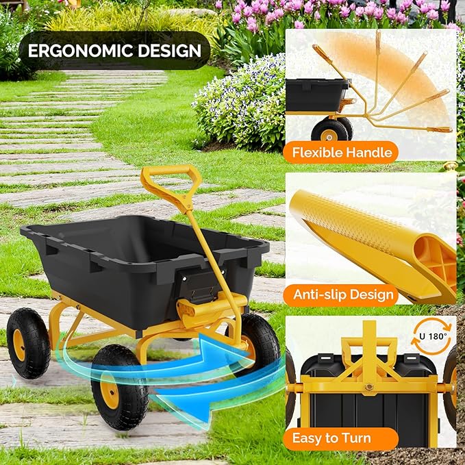VINGLI Heavy Duty Dump Cart Wagon, 770LBS Quick-Release Dump Poly Wheelbarrow, 10in All-Terrain Pneumatic Tires Garden Wagon for Garden, Yard, Beach
