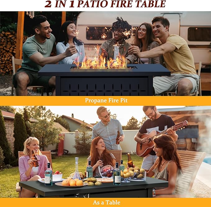 Vongrasig 43 inch Gas Fire Pit Table, 50,000 BTU Outdoor Rectangular Propane Firepit Table with Lid, Lava Rock, 2 in 1 Firepit Table for Outside, Patio, Deck, Garden, Backyard