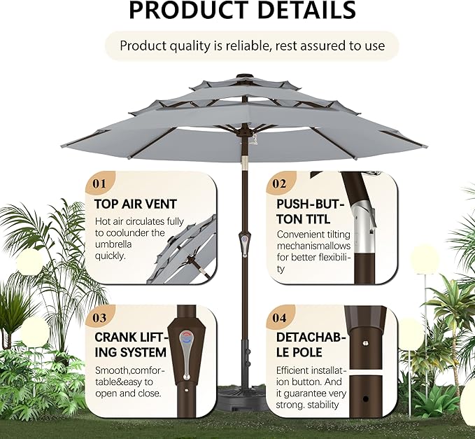 9FT 3-Tier Large Outdoor Patio Umbrella Market Table Umbrella-UV Resistant,Easy Push Button Tilt and Crank,8 Sturdy Fiberglass Ribs Heavy-Duty Pool Umbrella for Deck,Backyard,Garden,Yard,Light Gray
