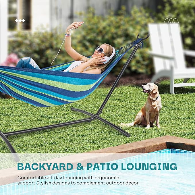 NEWBULIG Double Hammock with Stand, Heavy Duty Portable Hammocks for Outdoor Indoor Patio Camping, Space Saving Design & Carry Bag, Easy Assembly, 450lb Weight Capacity