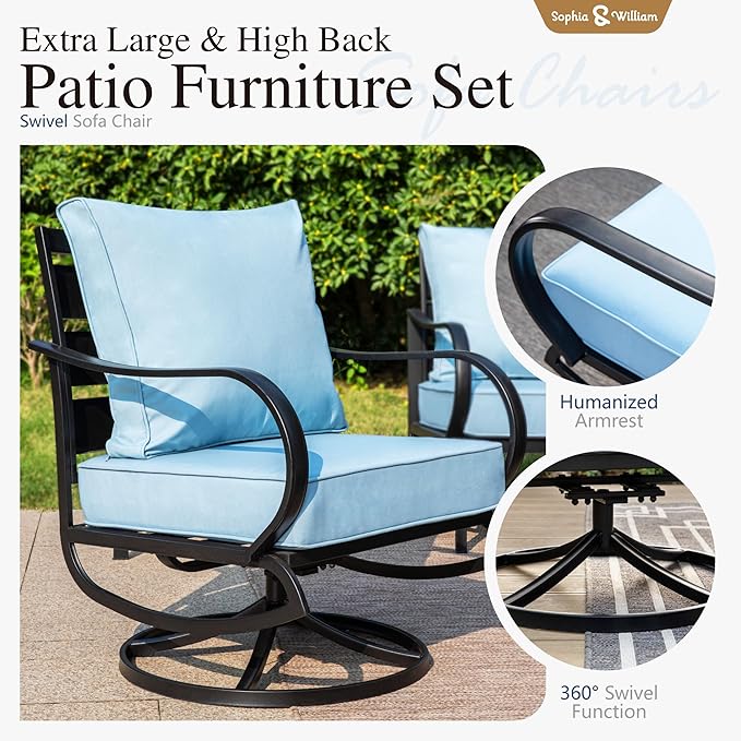 Sophia & William Patio Furniture Sets for 5 Outdoor Metal Conversation Sets 5 Pcs with 2 x Cushioned Swivel Sofa Chairs, 2 x Ottomans as Coffee Table, 1 x 3-Seat Sofa, Lawn Backyard Poolside Blue