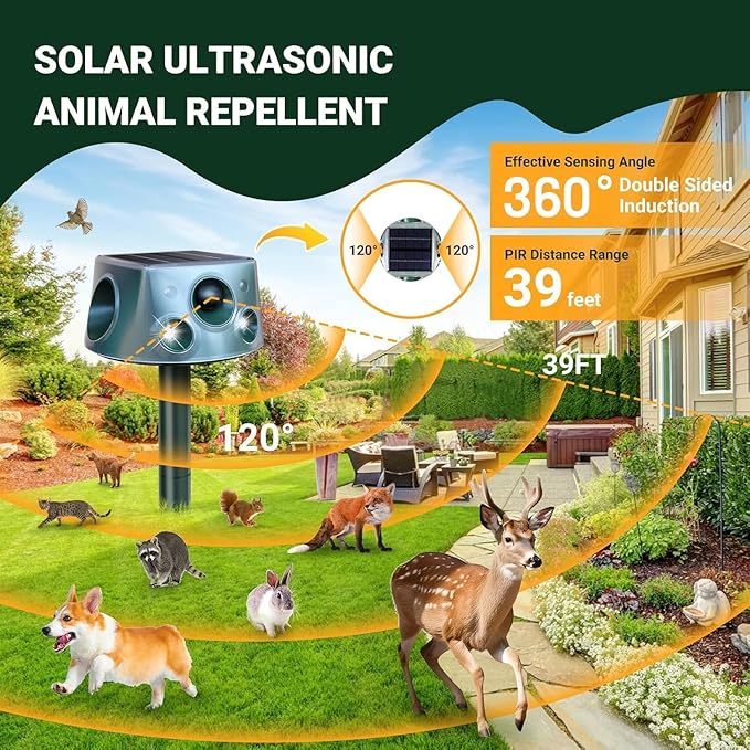 360° Deer Repellent Device, IP66 Waterproof Solar Ultrasonic Animal Repellent, Pest Repeller with Motion Detection & PIR Sensors, Cat Deterrent Outdoor for Repelling Sankes, Raccoons, Cats, Dogs