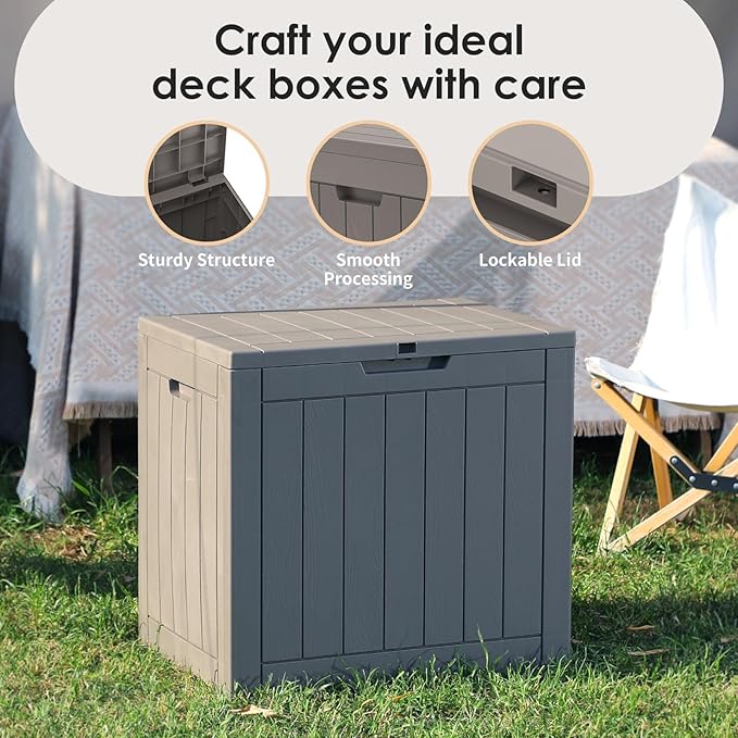 Vixzen 30 Gallon Resin Deck Box - Lockable Outdoor Storage for Patio Cushions, Garden Tools, Pool Supplies，Grey