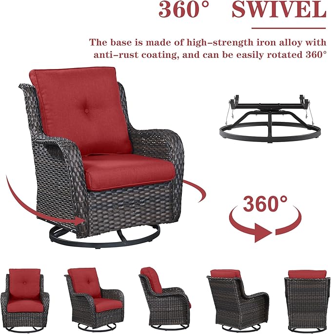 Belord 5 Piece Outdoor Patio Furniture Set - Wicker Furniture Patio Conversation Set, Outdoor Swivel Rocker Chairs with Loveseat Sofa and 2 Ottomans for Small Space, Red Cushion