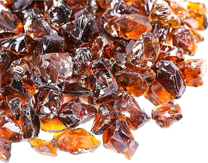 GRISUN Amber Fire Glass for Fire Pit - 1/2 Inch Tempered Glass Rocks for Natural or Propane Fireplace, Safe for Outdoors and Indoors Firepit Glass, 10 Pounds