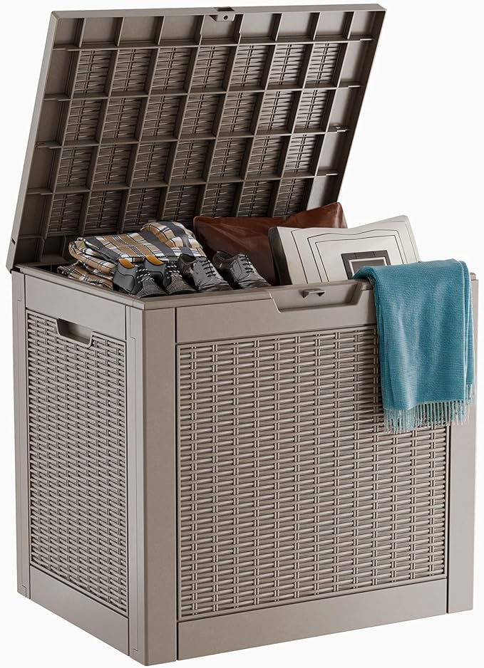 31 Gallon Outdoor Deck Box,Storage Lockable Waterproof Patio Furniture,Garden Tools,Cushions,Pool Accessories Outside Storage Resin Box(Grey)