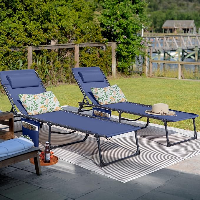 Flamaker Foldable Chaise Lounge Chair 5-Position Adjustable, Tanning Chair with Side Pocket, Outdoor Sunbathing for Pool, Beach, Patio, Lawn, Indoor Recliner Chair for Napping(Blue, 1 Pcs)