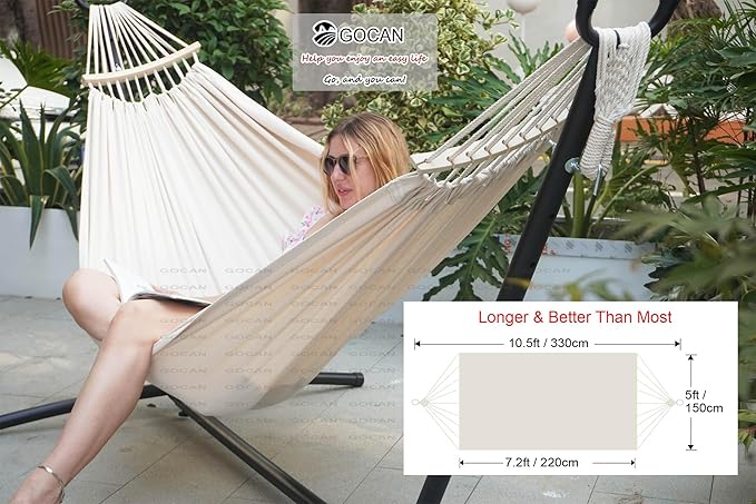 GOCAN Double Hammock 2 Person Large 220x150cm with Steel Stand and Removable Spreader bar Load 500lb, Canvas Cotton Hammocks for Patio Porch Garden Backyard Outdoor and Indoor