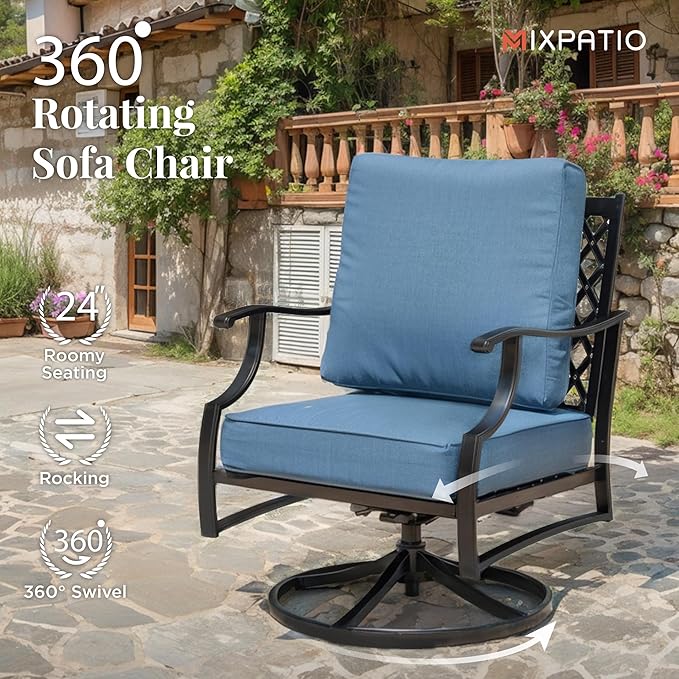 Patio Furniture Set, 6 Pcs Metal Outdoor Conversation Set, 2 Swivel Chairs, 2 Ottomans and 3 Seater Sofa with 5.75" Extra Thick Cushion and Gas Fire Pit Table, Navy Blue